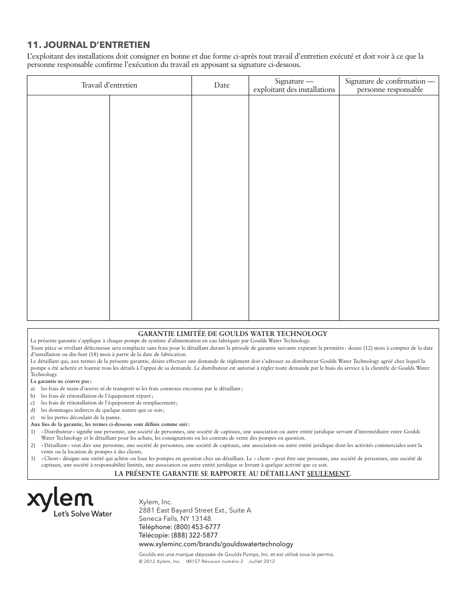 Journal d’entretien | Xylem IM157 Model MPVN User Manual | Page 36 / 36
