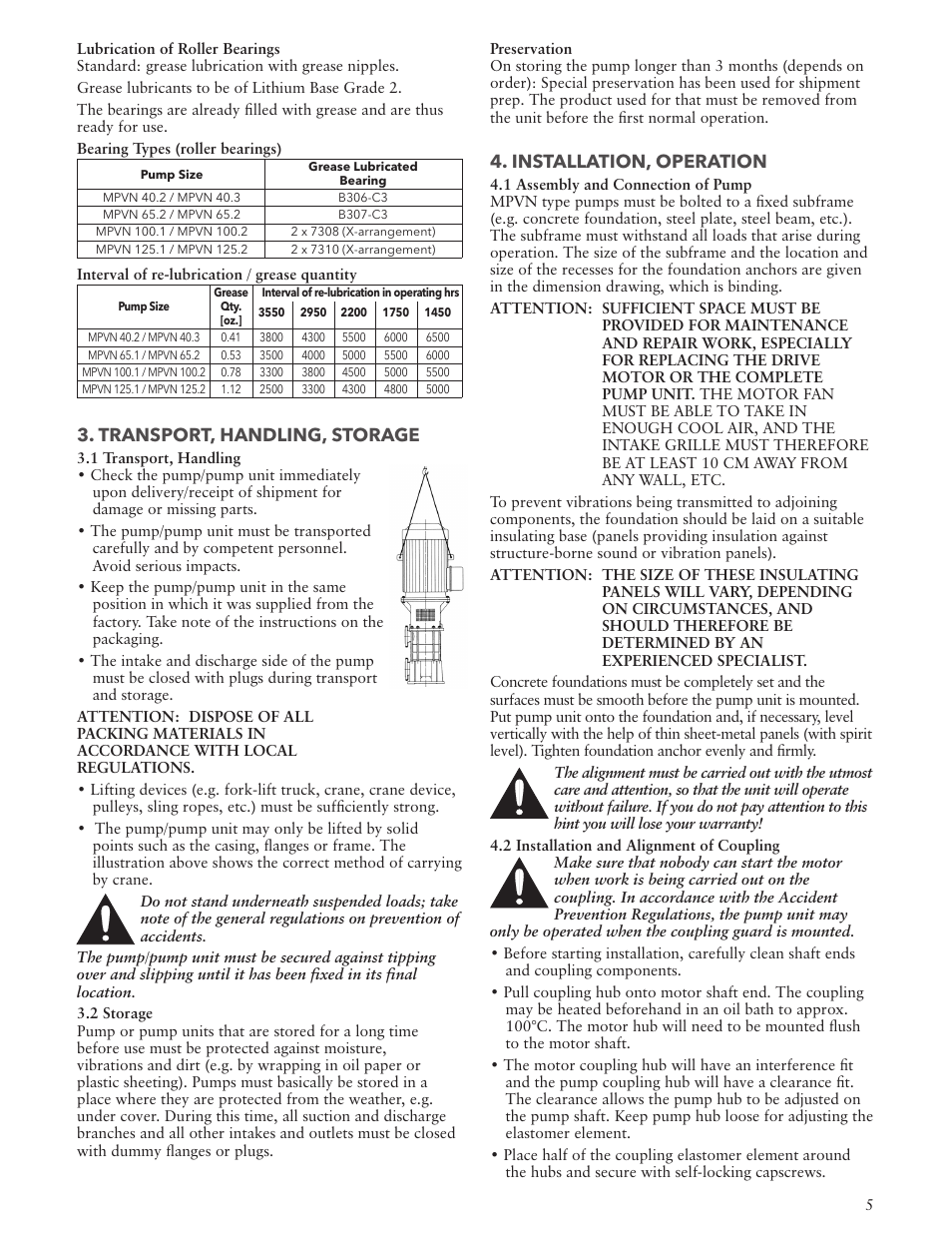 Transport, handling, storage, Installation, operation | Xylem IM157 Model MPVN User Manual | Page 5 / 36