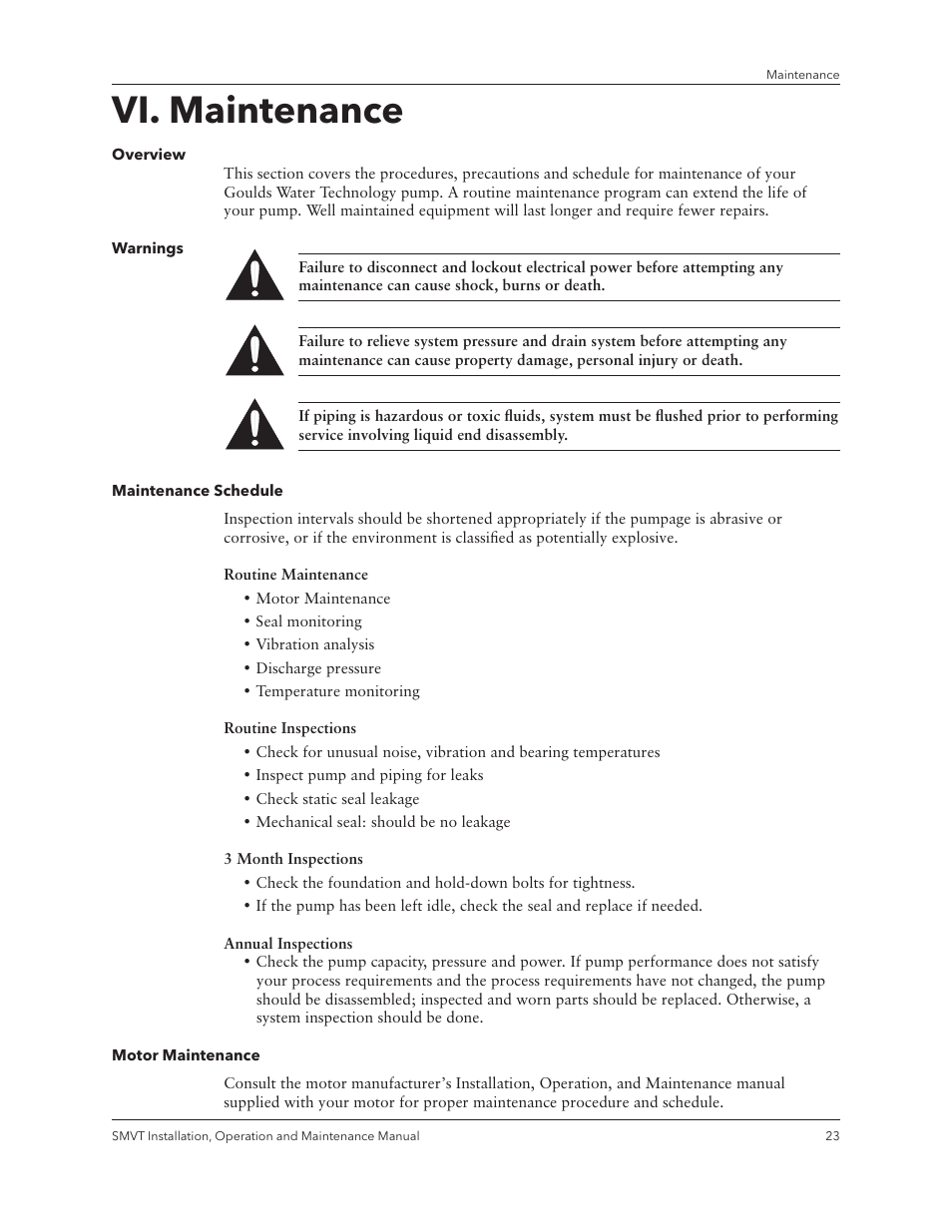 Vi. maintenance | Xylem IM158 R04 Model SMVT User Manual | Page 25 / 40