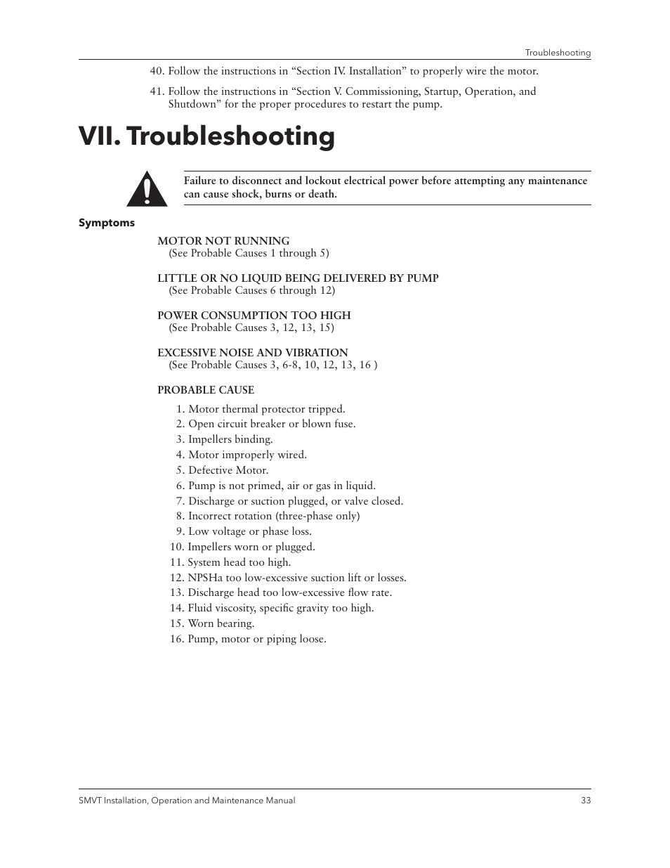 Vii. troubleshooting | Xylem IM158 R04 Model SMVT User Manual | Page 35 / 40