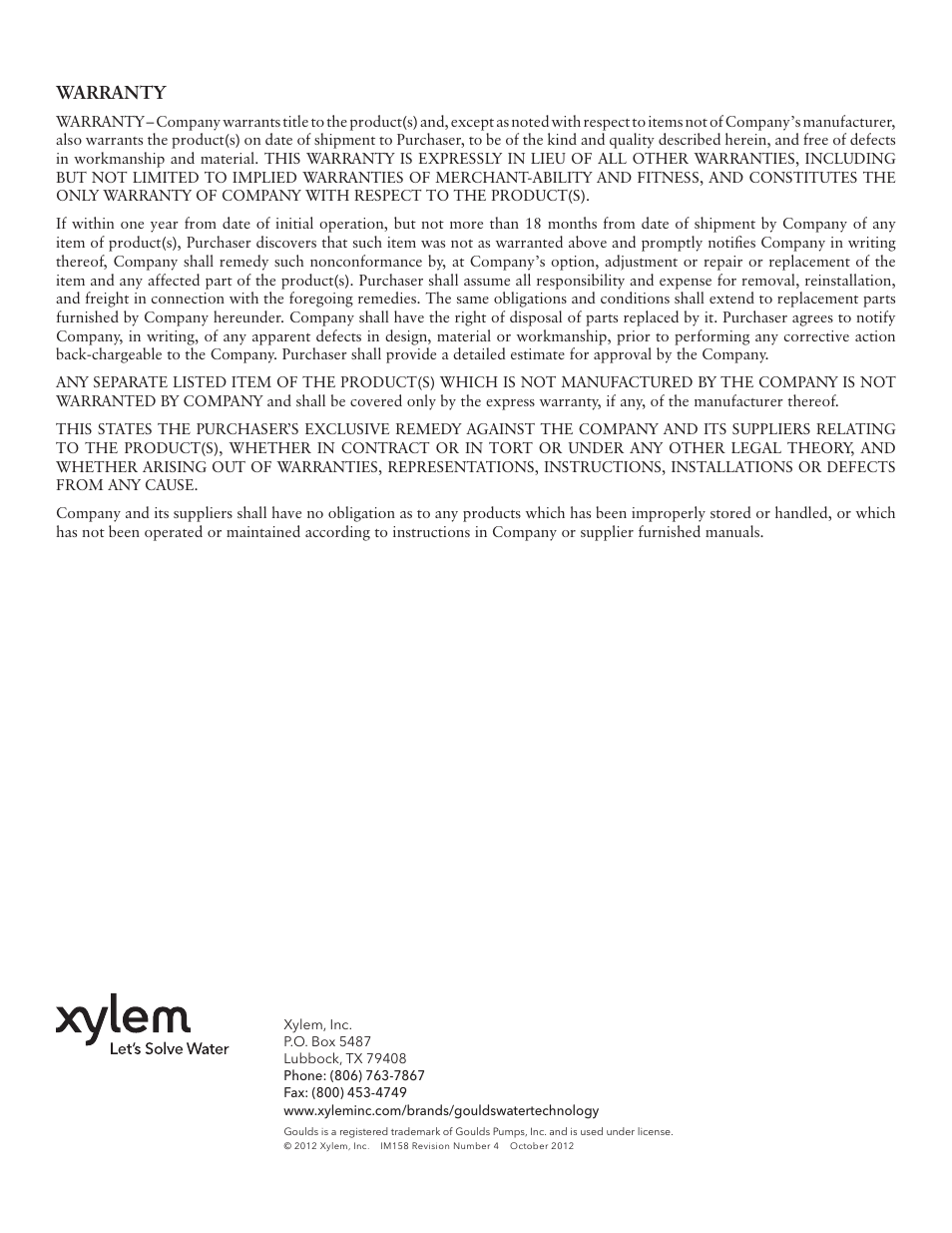 Warranty | Xylem IM158 R04 Model SMVT User Manual | Page 40 / 40