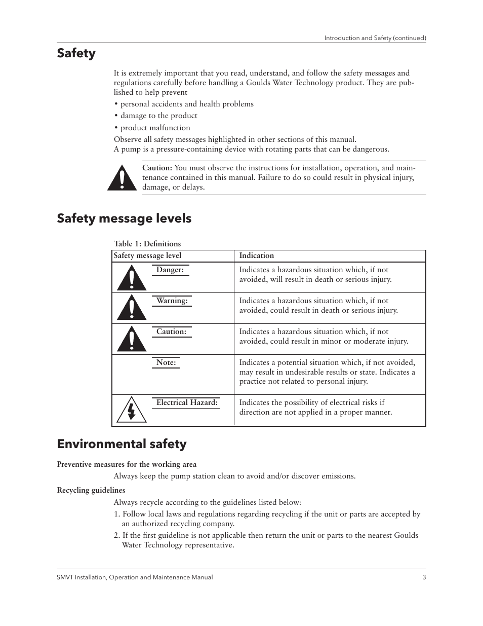 Safety, Safety message levels, Environmental safety | Xylem IM158 R04 Model SMVT User Manual | Page 5 / 40