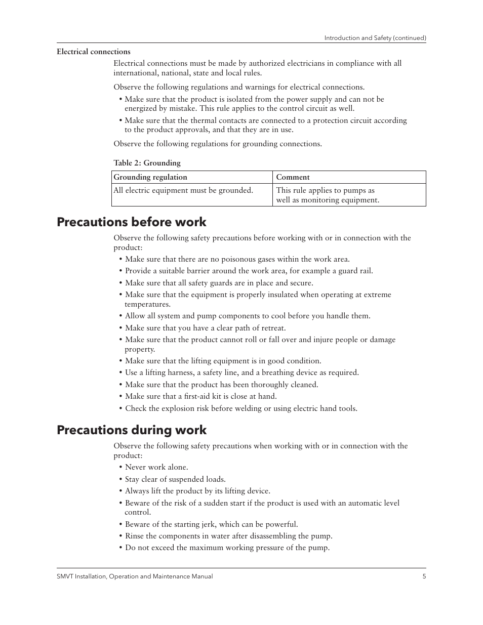 Precautions before work, Precautions during work | Xylem IM158 R04 Model SMVT User Manual | Page 7 / 40