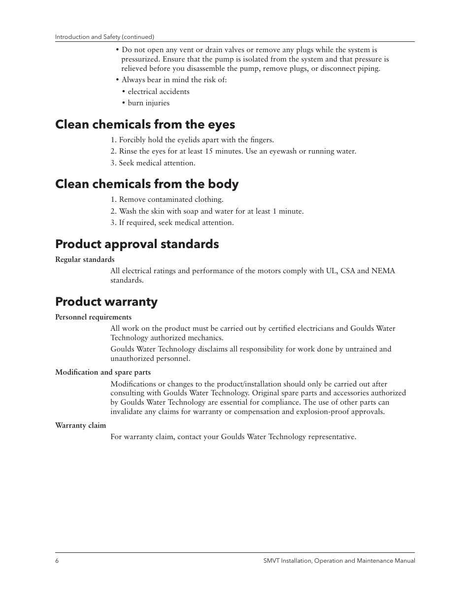 Clean chemicals from the eyes, Clean chemicals from the body, Product approval standards | Product warranty | Xylem IM158 R04 Model SMVT User Manual | Page 8 / 40