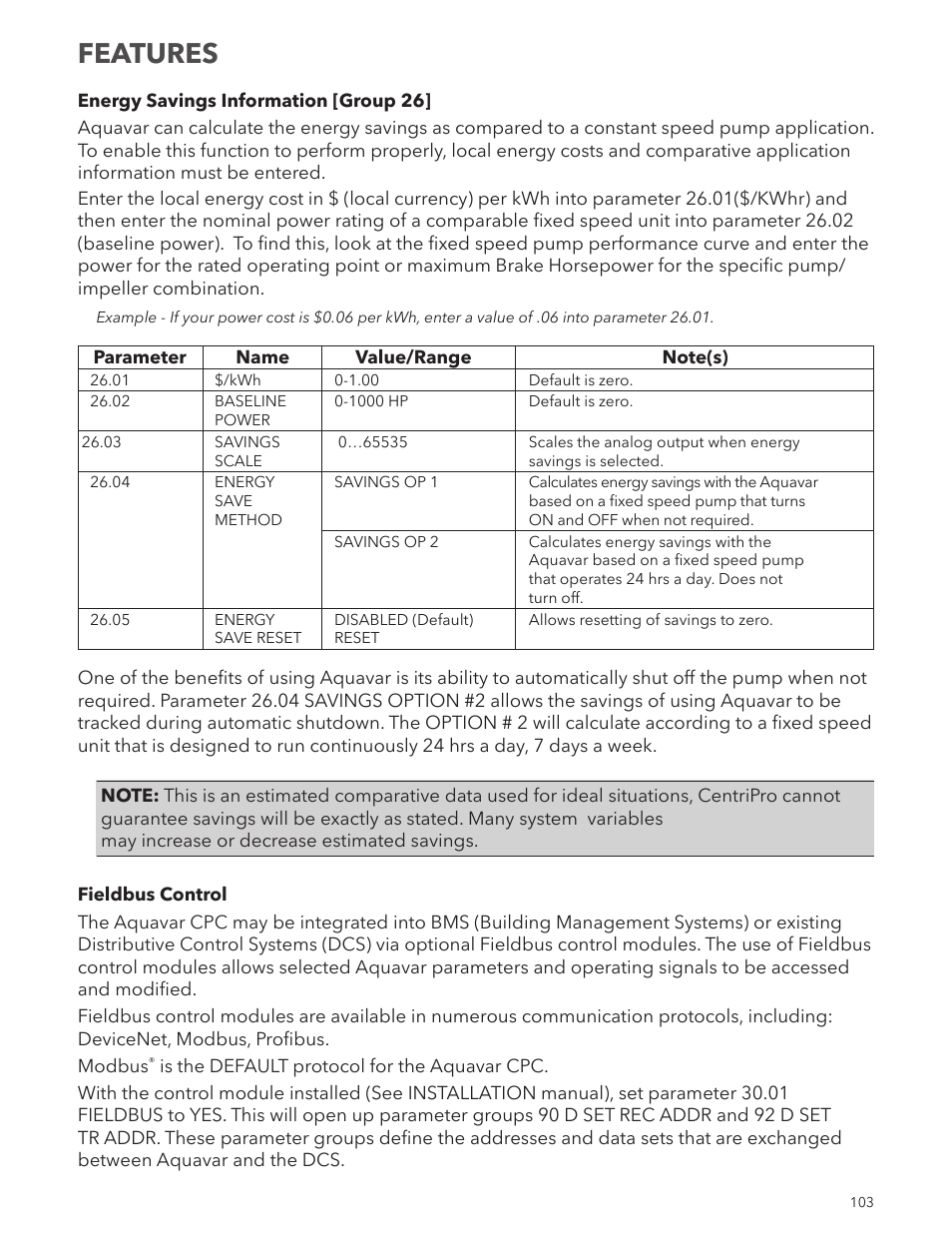 Features | Xylem IM167 R8 Aquavar CPC (Centrifugal Pump Control) User Manual | Page 103 / 152