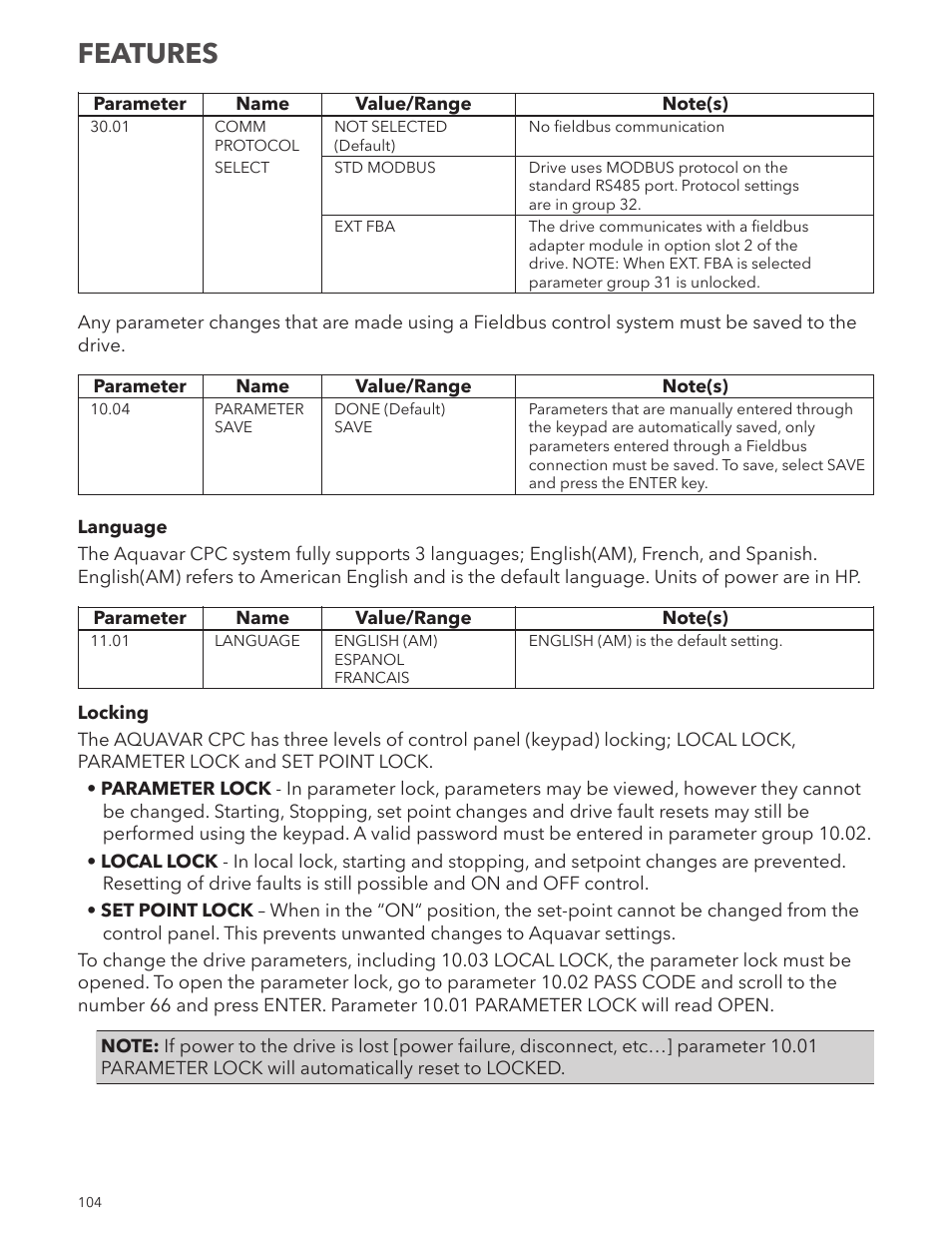 Features | Xylem IM167 R8 Aquavar CPC (Centrifugal Pump Control) User Manual | Page 104 / 152