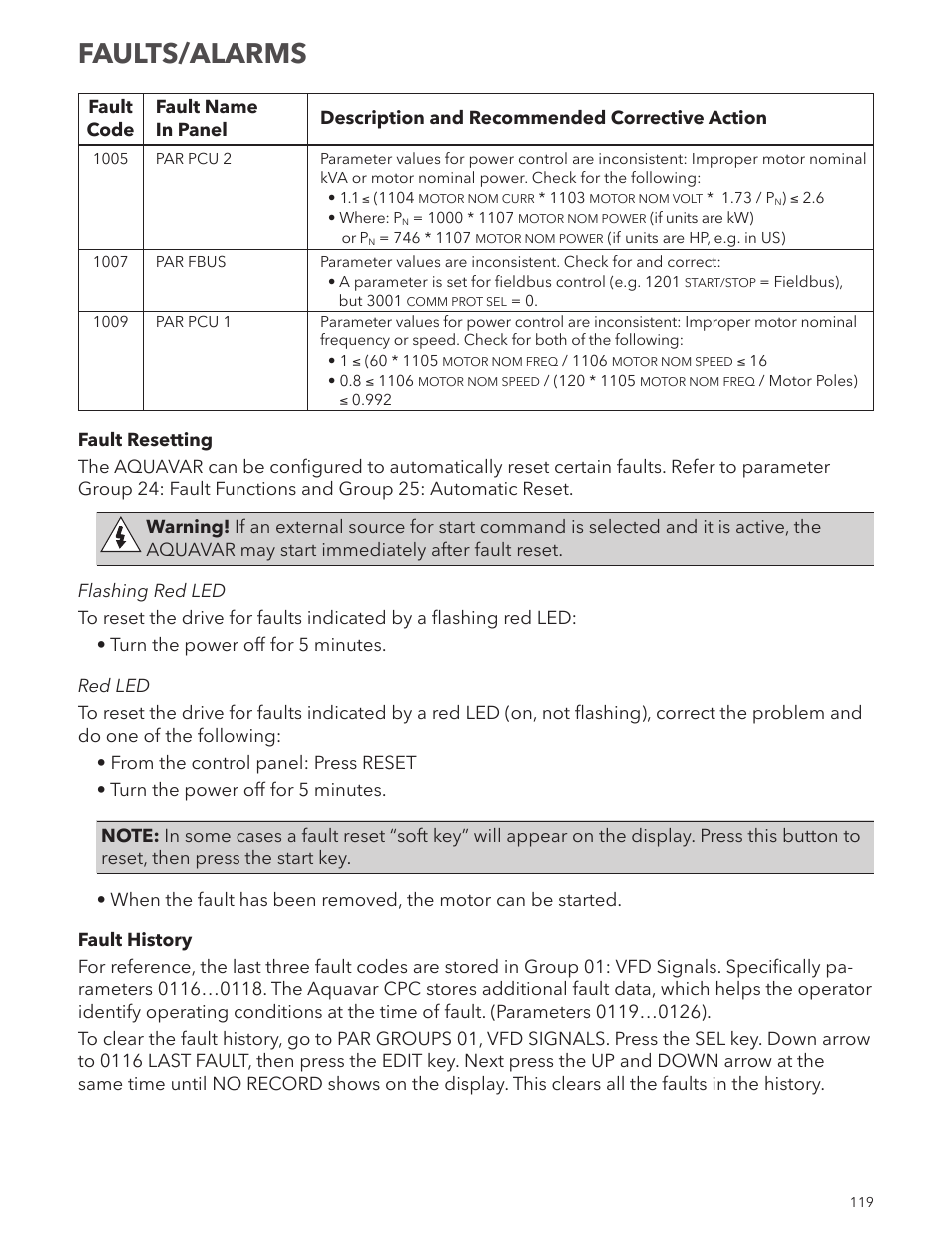 Faults/alarms | Xylem IM167 R8 Aquavar CPC (Centrifugal Pump Control) User Manual | Page 119 / 152