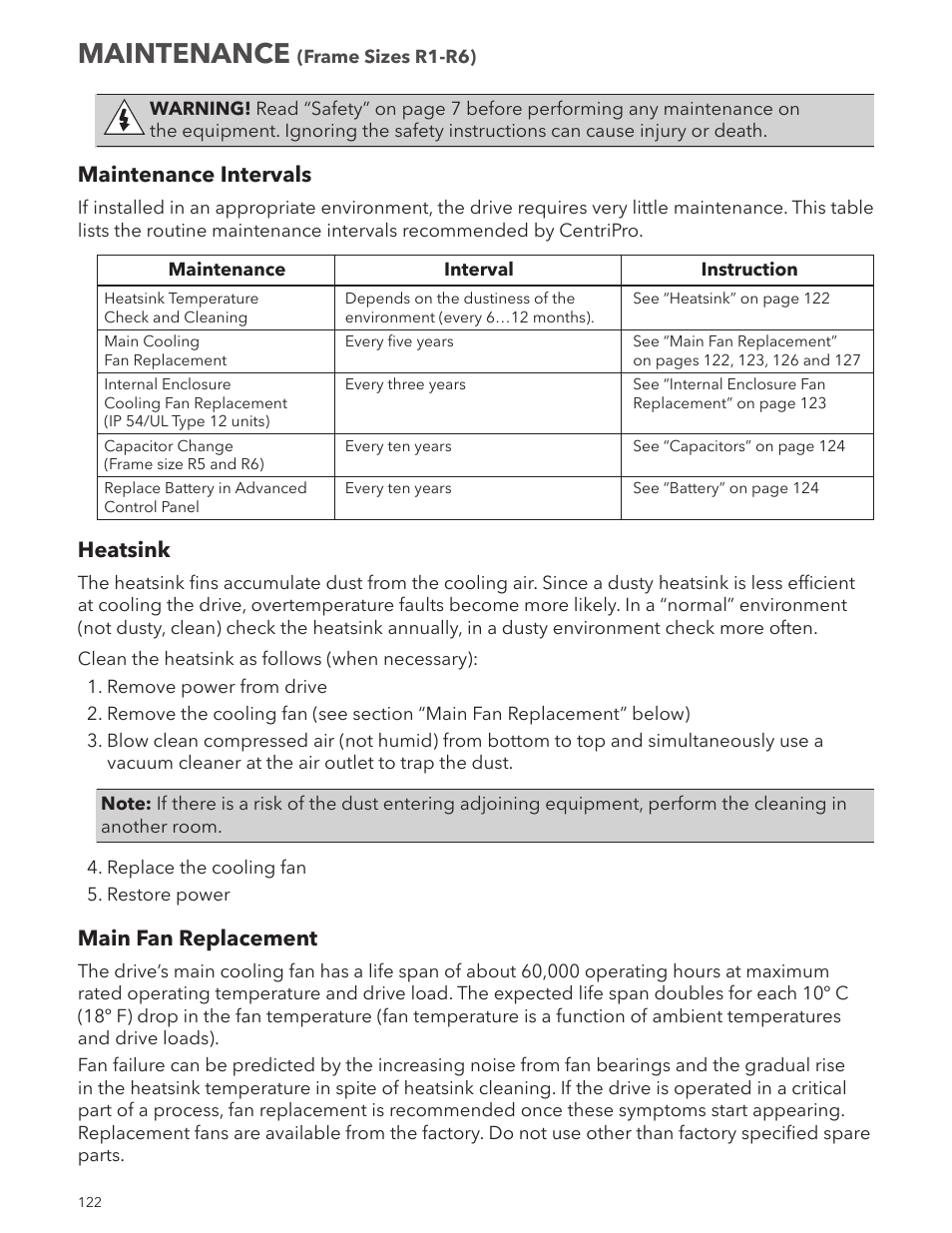Maintenance, Maintenance intervals, Heatsink | Main fan replacement | Xylem IM167 R8 Aquavar CPC (Centrifugal Pump Control) User Manual | Page 122 / 152