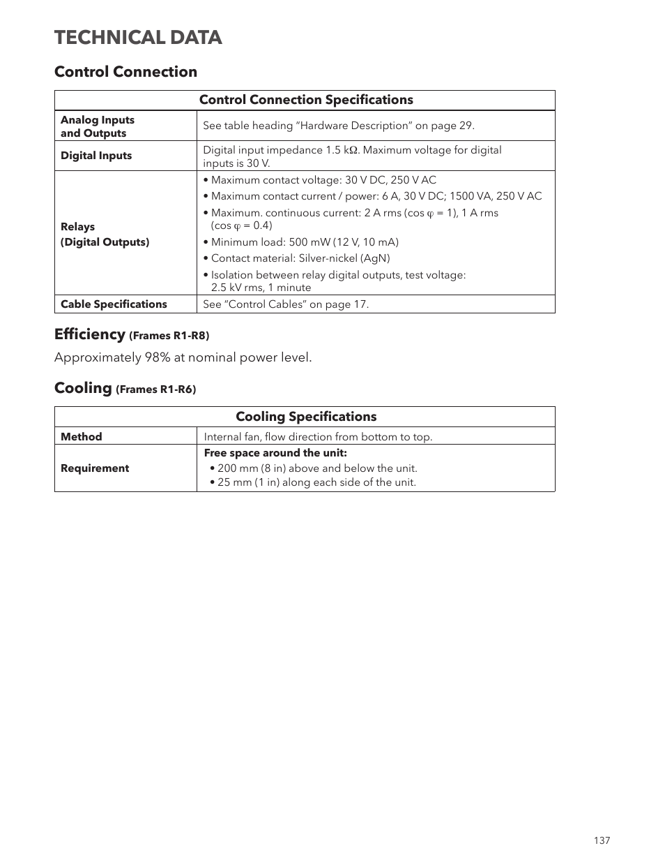 Technical data, Control connection, Efficiency | Cooling | Xylem IM167 R8 Aquavar CPC (Centrifugal Pump Control) User Manual | Page 137 / 152