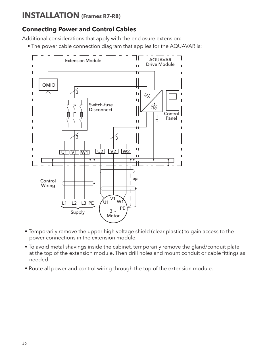 Installation, Connecting power and control cables | Xylem IM167 R8 Aquavar CPC (Centrifugal Pump Control) User Manual | Page 36 / 152