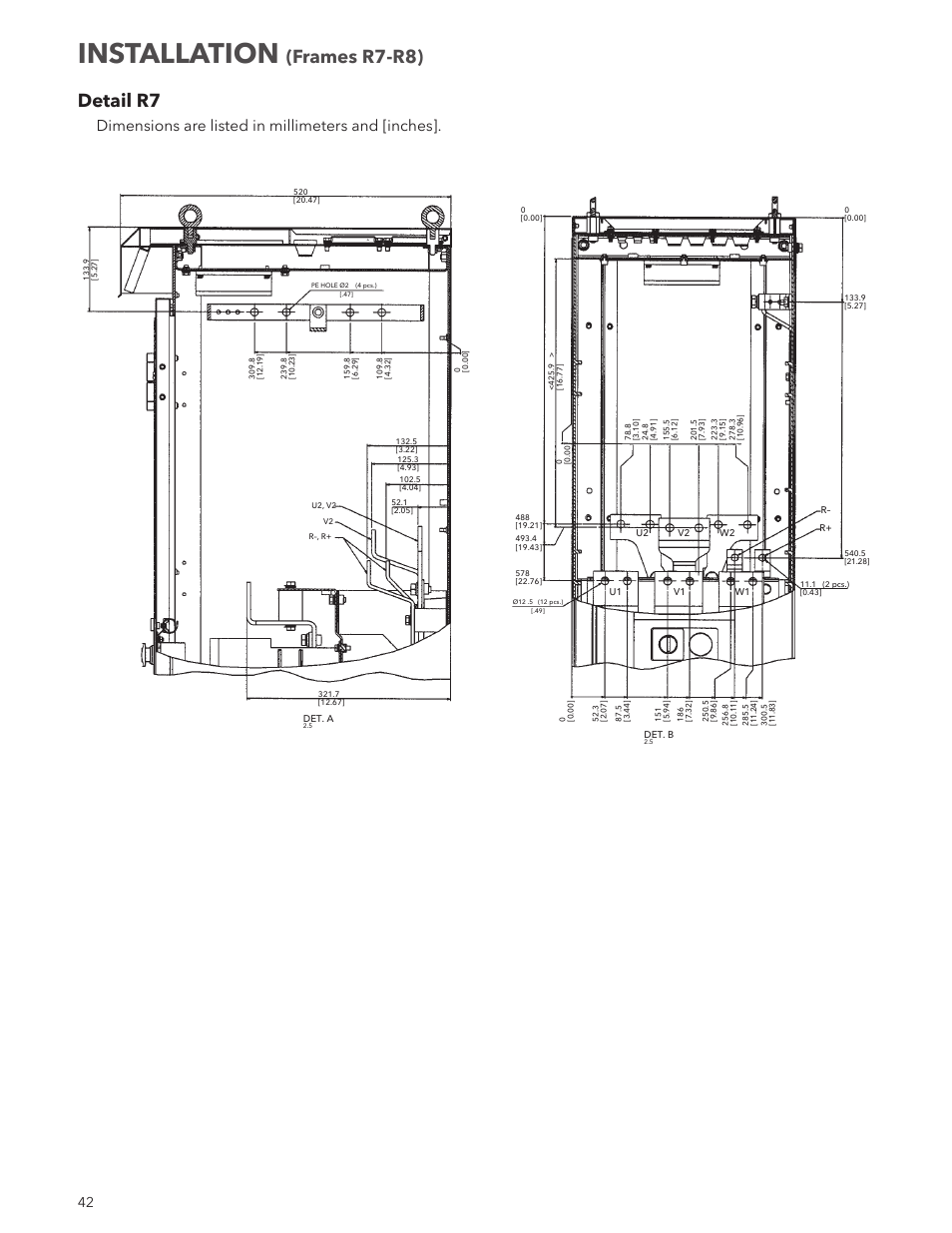 Installation, Detail r7, Frames r7-r8) | Dimensions are listed in millimeters and [inches | Xylem IM167 R8 Aquavar CPC (Centrifugal Pump Control) User Manual | Page 42 / 152