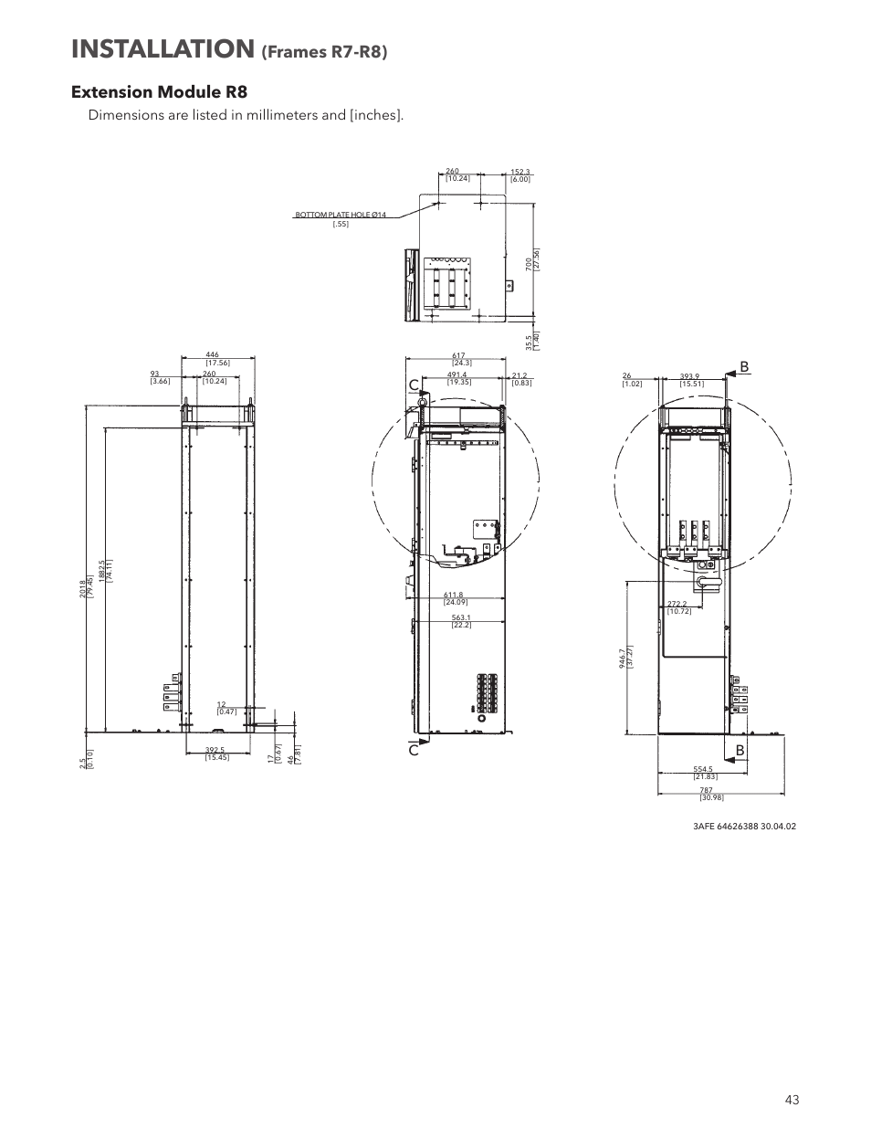 Installation, Extension module r8, Frames r7-r8) | Dimensions are listed in millimeters and [inches | Xylem IM167 R8 Aquavar CPC (Centrifugal Pump Control) User Manual | Page 43 / 152