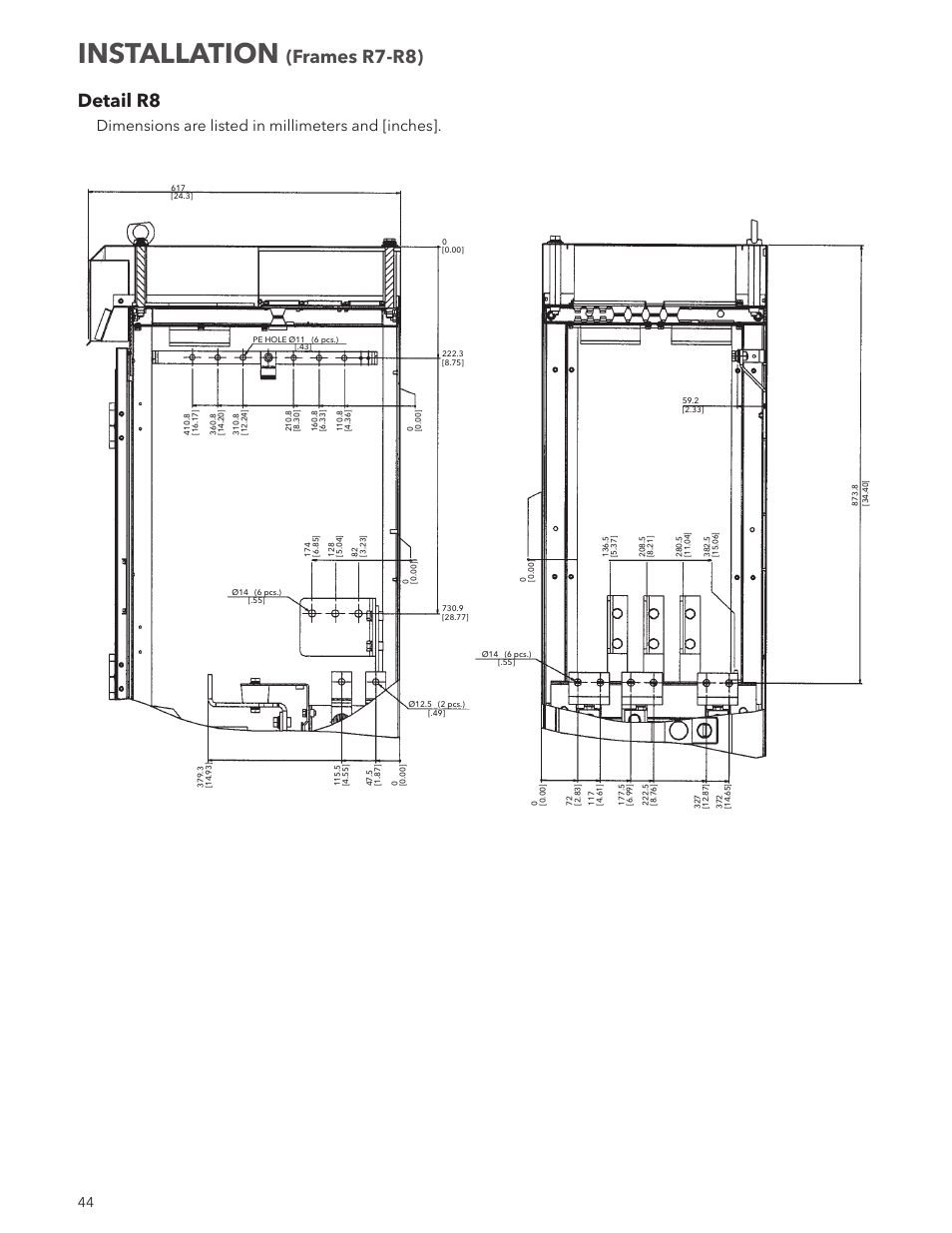 Installation, Detail r8, Frames r7-r8) | Dimensions are listed in millimeters and [inches | Xylem IM167 R8 Aquavar CPC (Centrifugal Pump Control) User Manual | Page 44 / 152