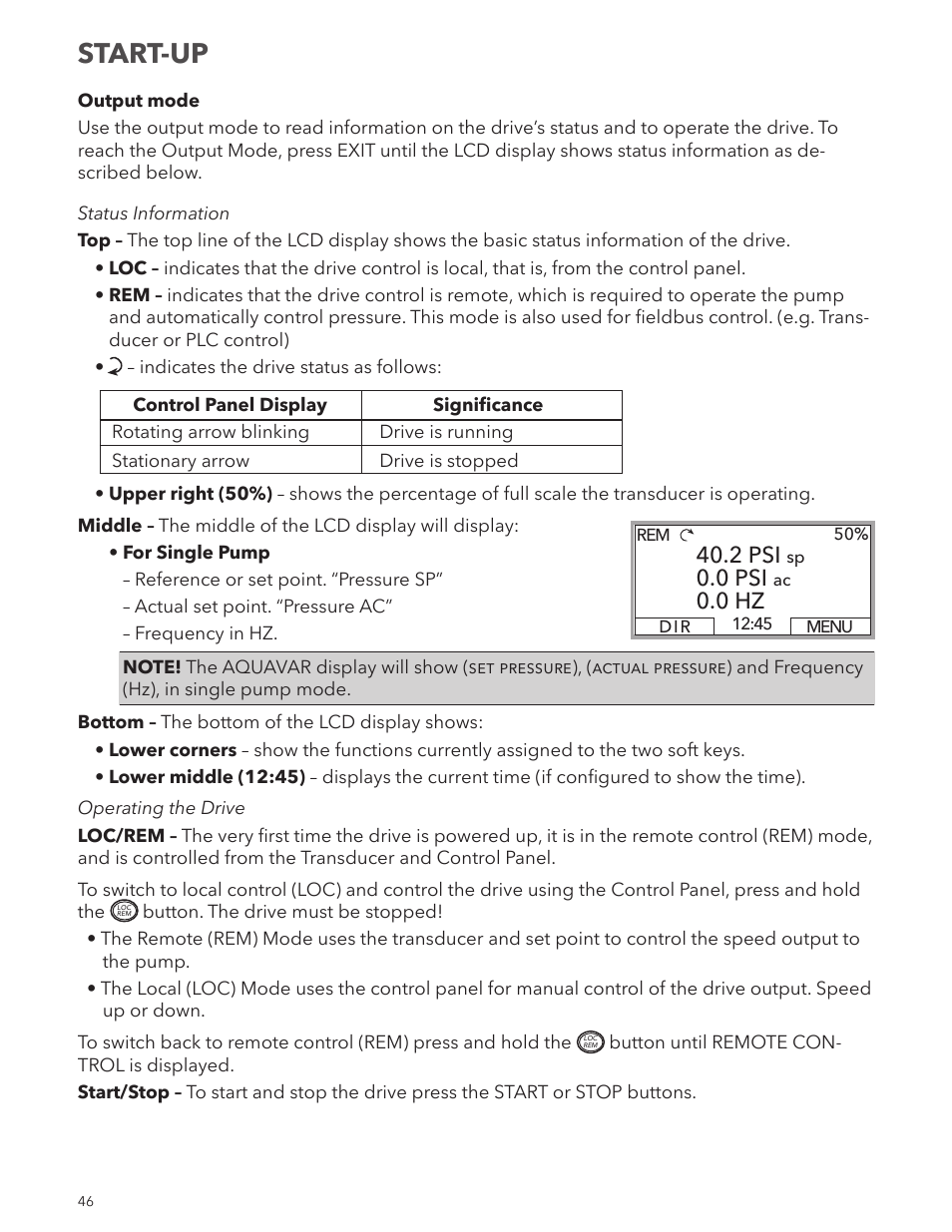 Start-up, 2 psi, 0 psi | 0 hz | Xylem IM167 R8 Aquavar CPC (Centrifugal Pump Control) User Manual | Page 46 / 152