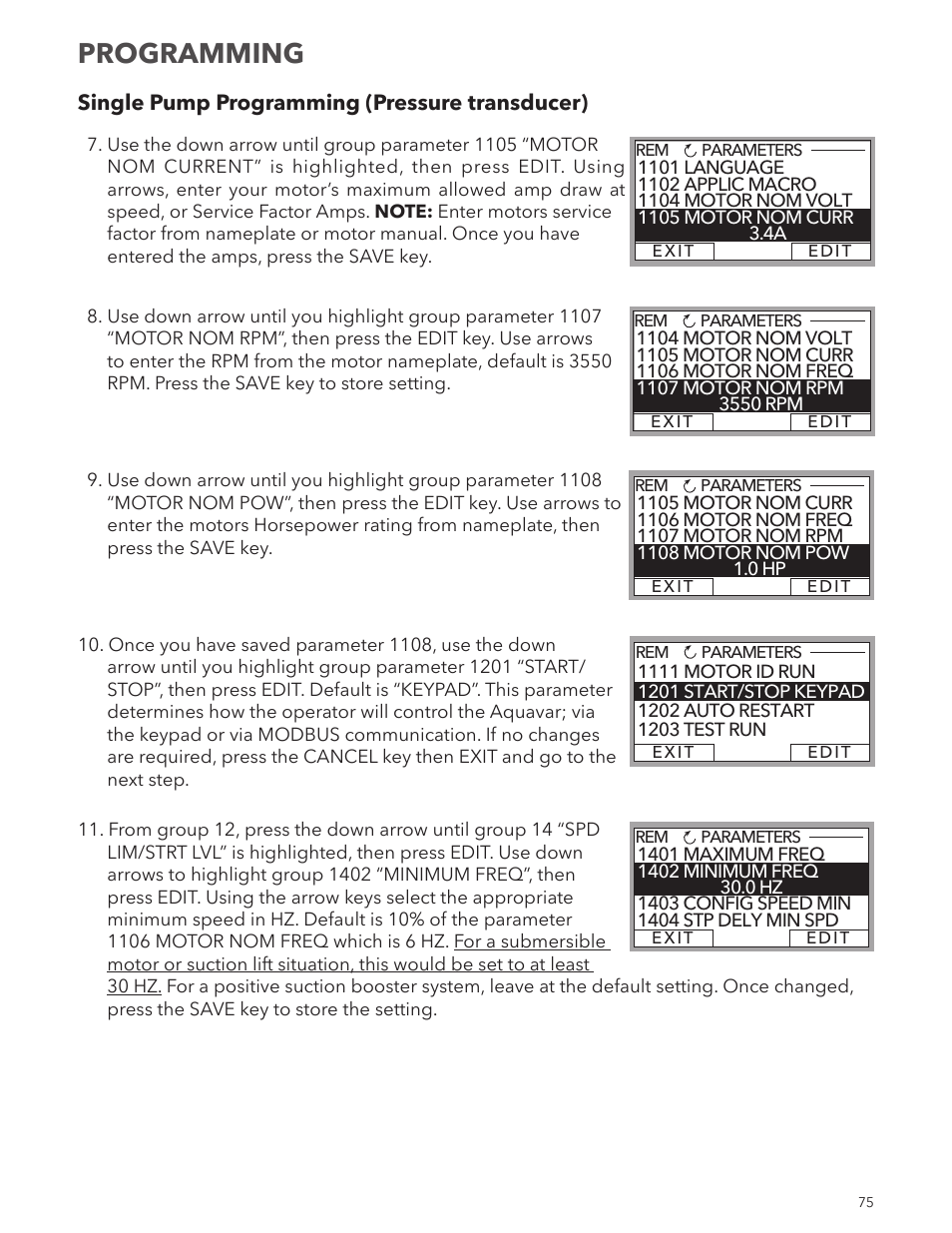 Programming | Xylem IM167 R8 Aquavar CPC (Centrifugal Pump Control) User Manual | Page 75 / 152
