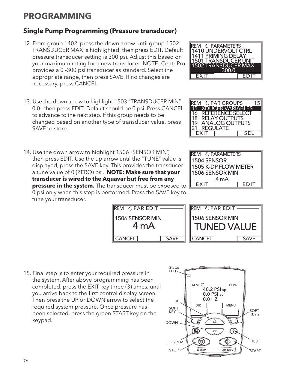 4 ma, Tuned value, Programming | Single pump programming (pressure transducer) | Xylem IM167 R8 Aquavar CPC (Centrifugal Pump Control) User Manual | Page 76 / 152