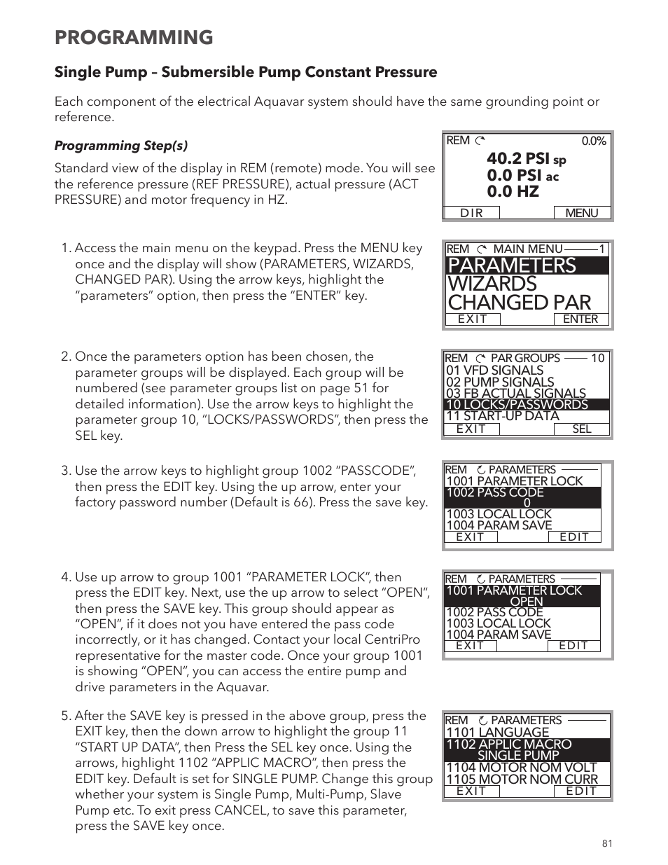 Parameters wizards changed par, Programming, 2 psi | 0 psi, 0 hz | Xylem IM167 R8 Aquavar CPC (Centrifugal Pump Control) User Manual | Page 81 / 152