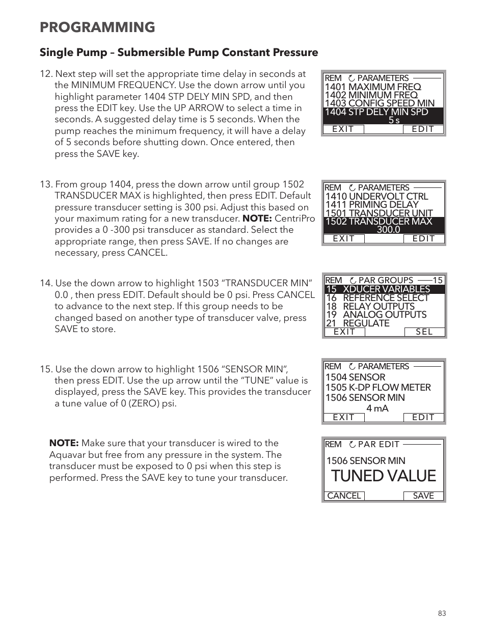 Tuned value, Programming | Xylem IM167 R8 Aquavar CPC (Centrifugal Pump Control) User Manual | Page 83 / 152