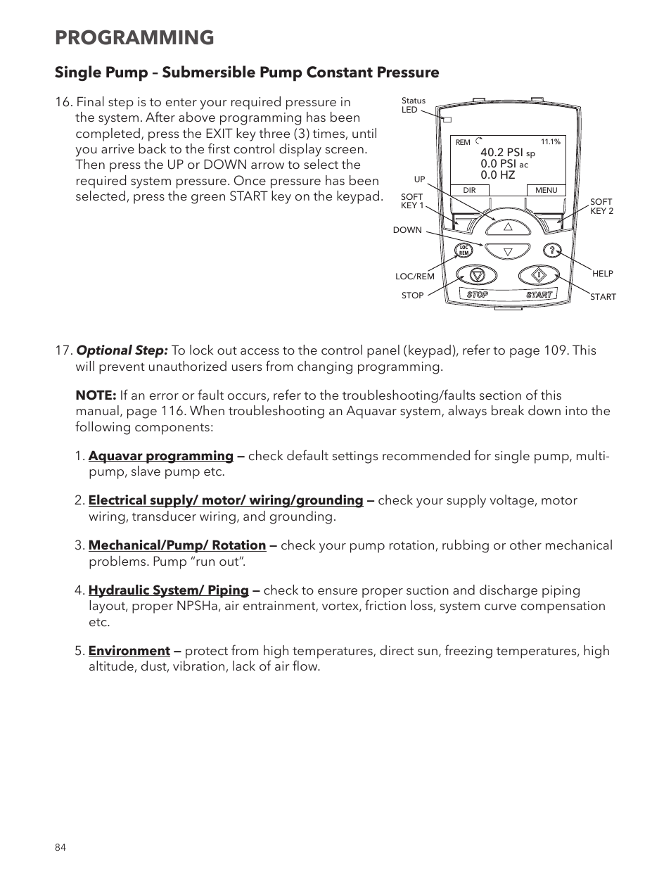 Programming, Single pump – submersible pump constant pressure | Xylem IM167 R8 Aquavar CPC (Centrifugal Pump Control) User Manual | Page 84 / 152