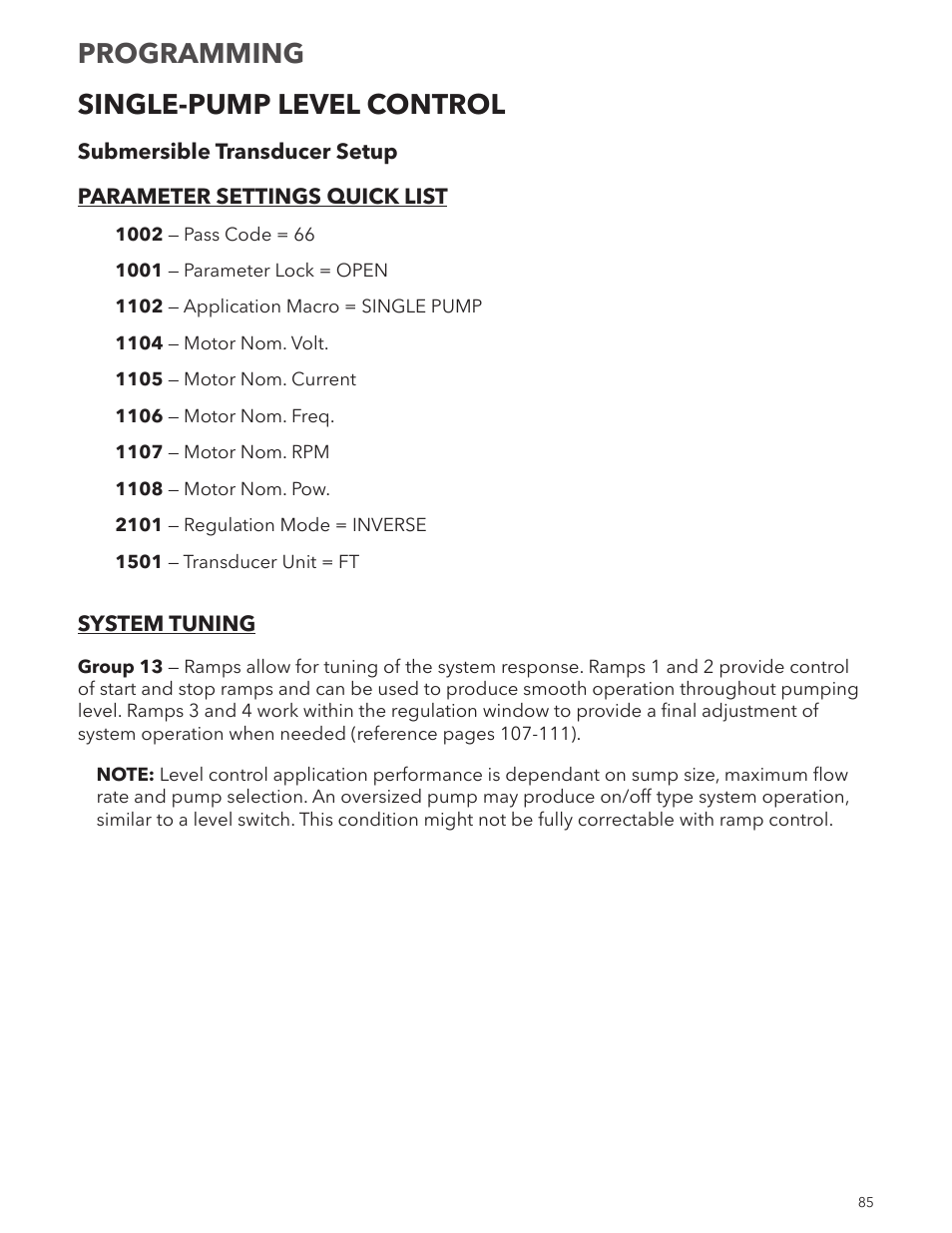 Programming single-pump level control | Xylem IM167 R8 Aquavar CPC (Centrifugal Pump Control) User Manual | Page 85 / 152