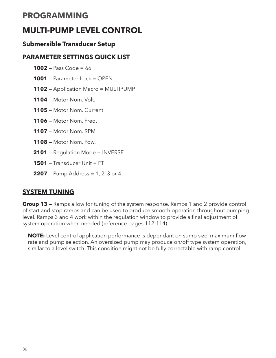 Multi-pump level control, Programming | Xylem IM167 R8 Aquavar CPC (Centrifugal Pump Control) User Manual | Page 86 / 152