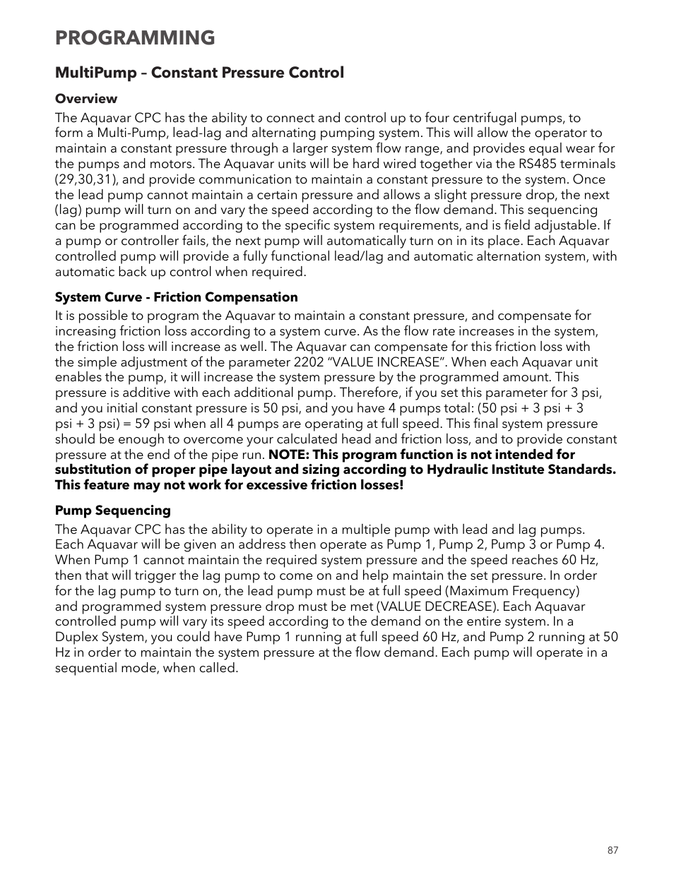 Programming | Xylem IM167 R8 Aquavar CPC (Centrifugal Pump Control) User Manual | Page 87 / 152