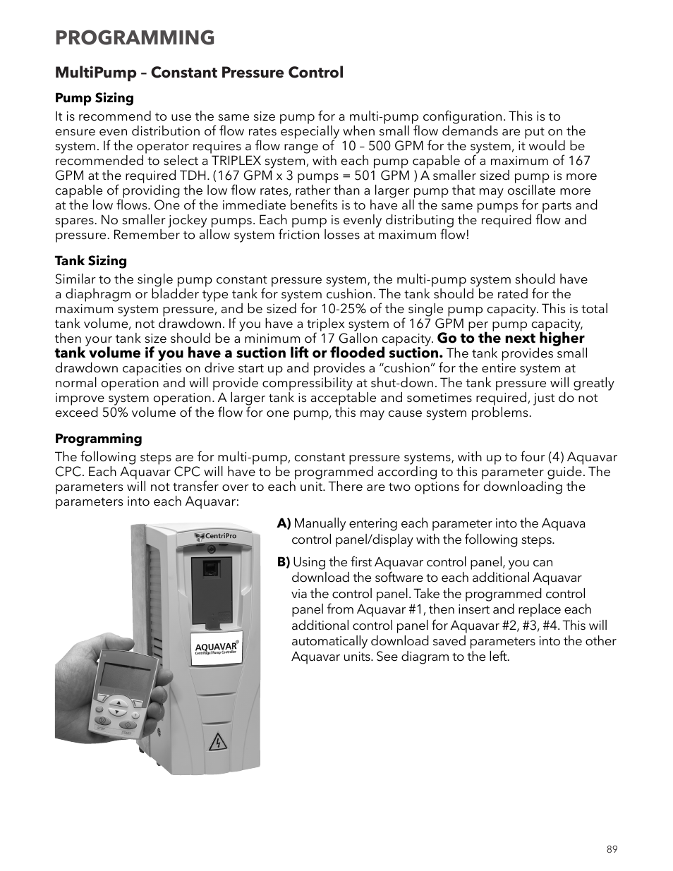 Programming | Xylem IM167 R8 Aquavar CPC (Centrifugal Pump Control) User Manual | Page 89 / 152