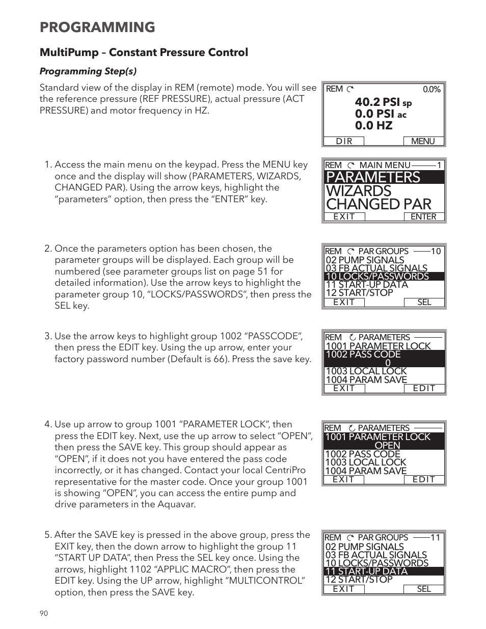 Parameters wizards changed par, Programming, 2 psi | 0 psi, 0 hz | Xylem IM167 R8 Aquavar CPC (Centrifugal Pump Control) User Manual | Page 90 / 152