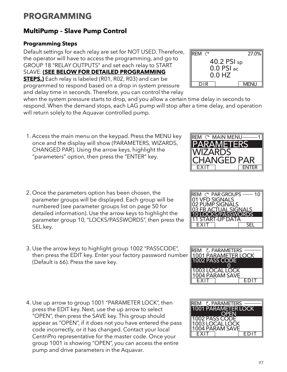 Parameters wizards changed par, Programming, 2 psi | 0 psi, 0 hz | Xylem IM167 R8 Aquavar CPC (Centrifugal Pump Control) User Manual | Page 97 / 152