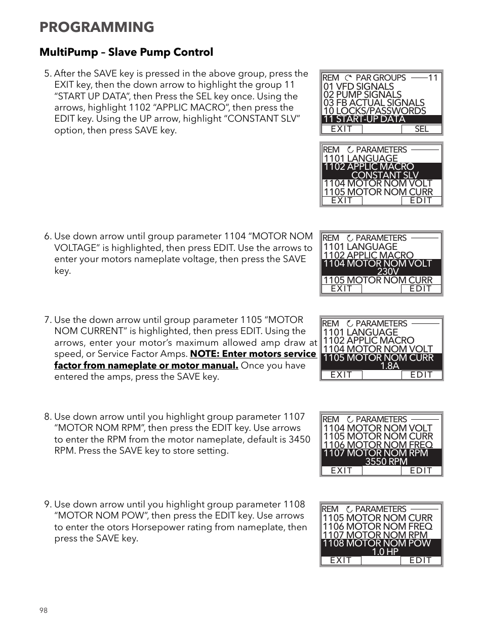 Programming | Xylem IM167 R8 Aquavar CPC (Centrifugal Pump Control) User Manual | Page 98 / 152