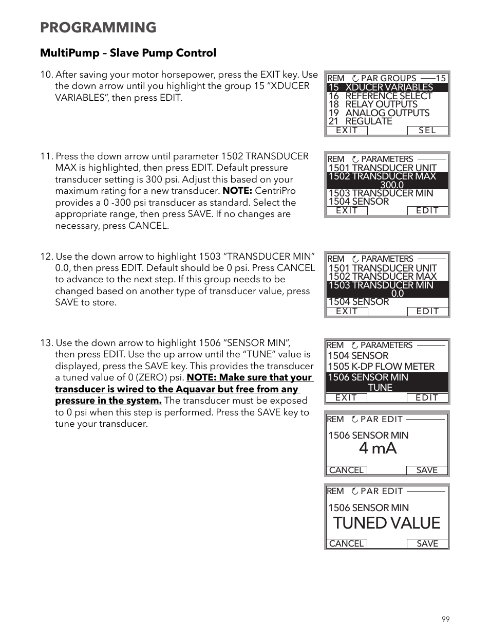 Tuned value, 4 ma, Programming | Xylem IM167 R8 Aquavar CPC (Centrifugal Pump Control) User Manual | Page 99 / 152