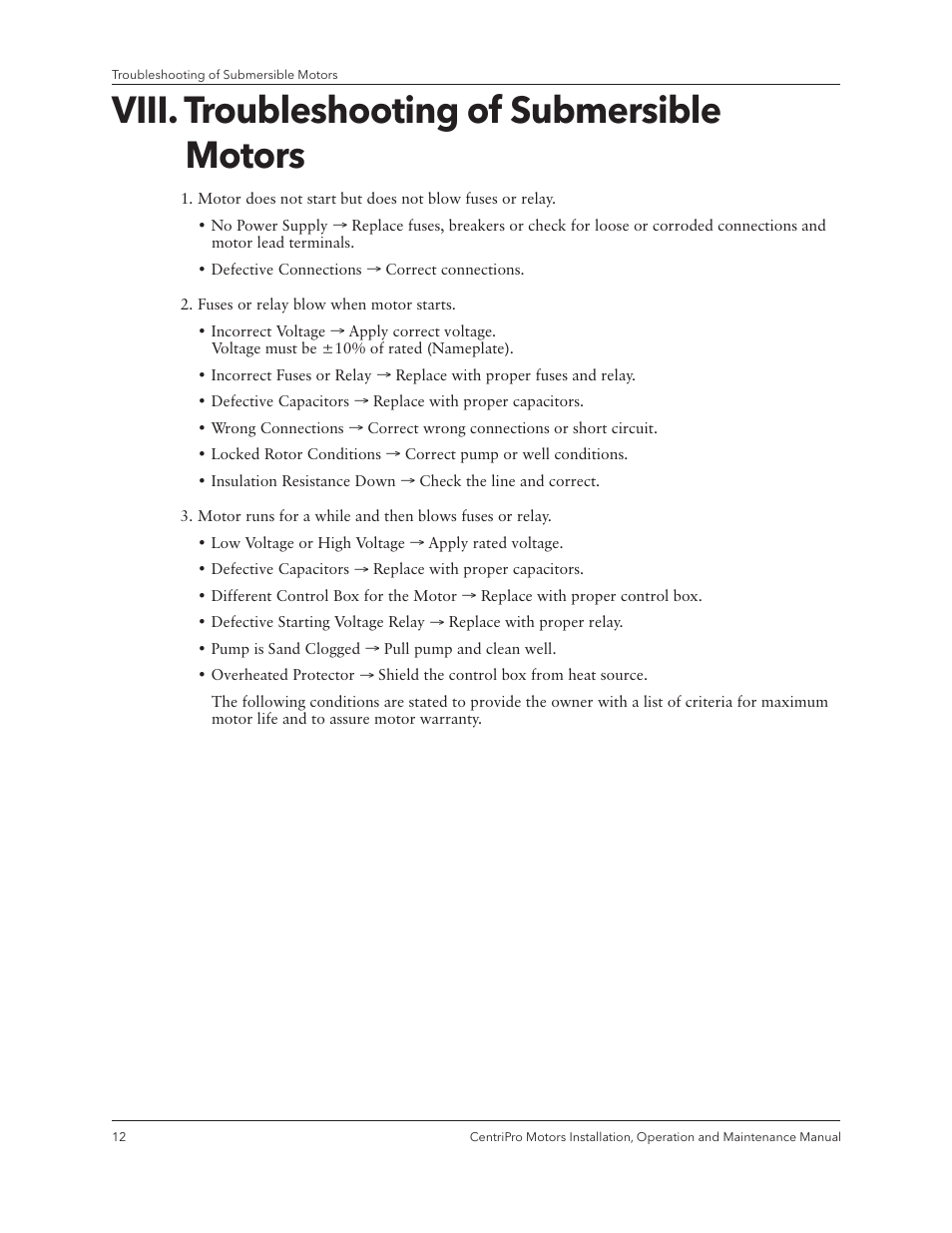 Viii. troubleshooting of submersible motors | Xylem IM180 R3 Standard and Dual Voltage Motors User Manual | Page 14 / 32