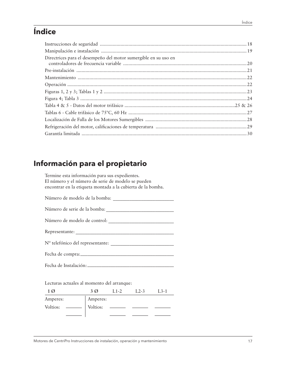Índice, Información para el propietario | Xylem IM180 R3 Standard and Dual Voltage Motors User Manual | Page 19 / 32