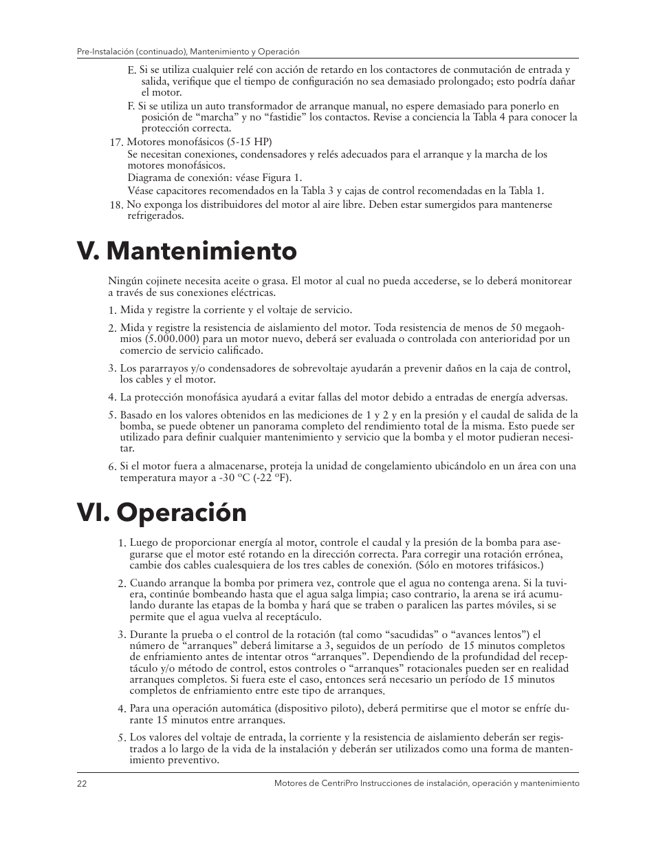 V. mantenimiento, Vi. operación | Xylem IM180 R3 Standard and Dual Voltage Motors User Manual | Page 24 / 32