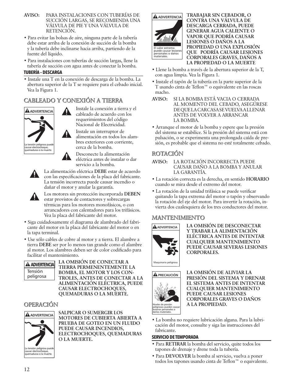 Cableado y conexión a tierra, Operación, Rotación | Mantenimiento | Xylem IM181 R01 Prime Line SP User Manual | Page 12 / 24