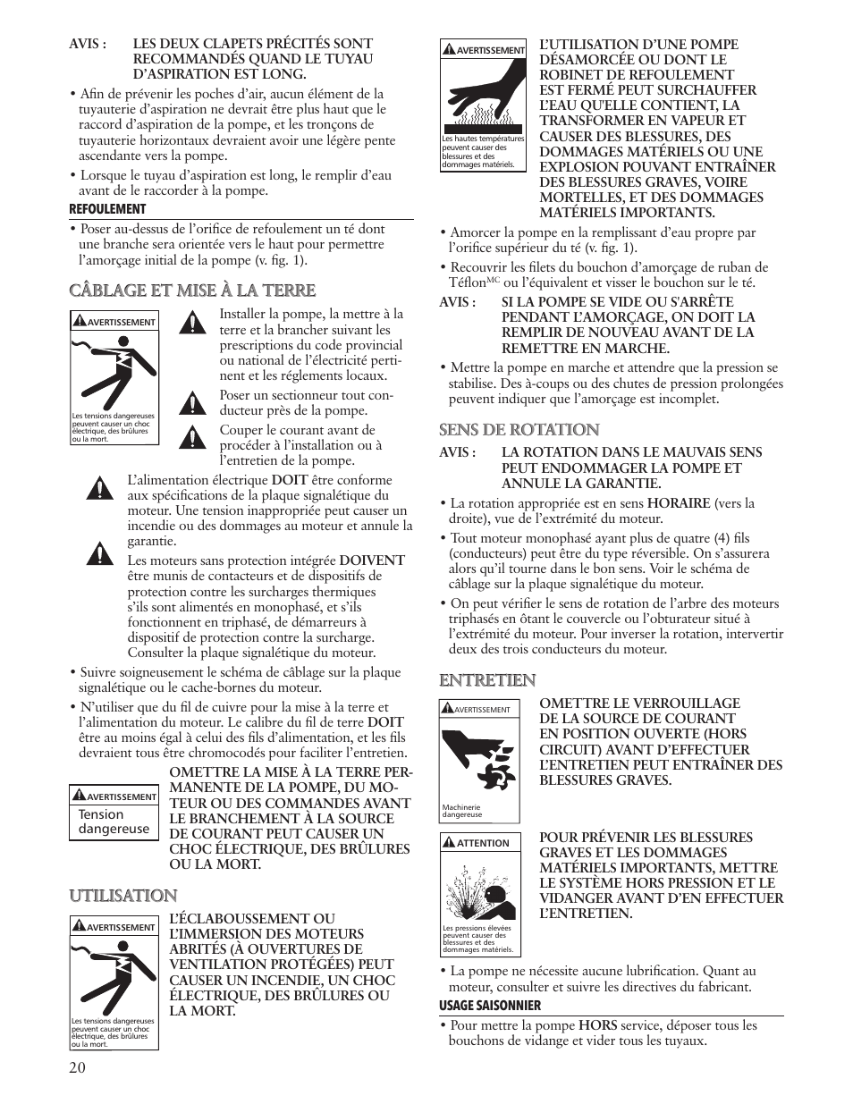 Câblage et mise à la terre, Utilisation, Sens de rotation | Entretien | Xylem IM181 R01 Prime Line SP User Manual | Page 20 / 24