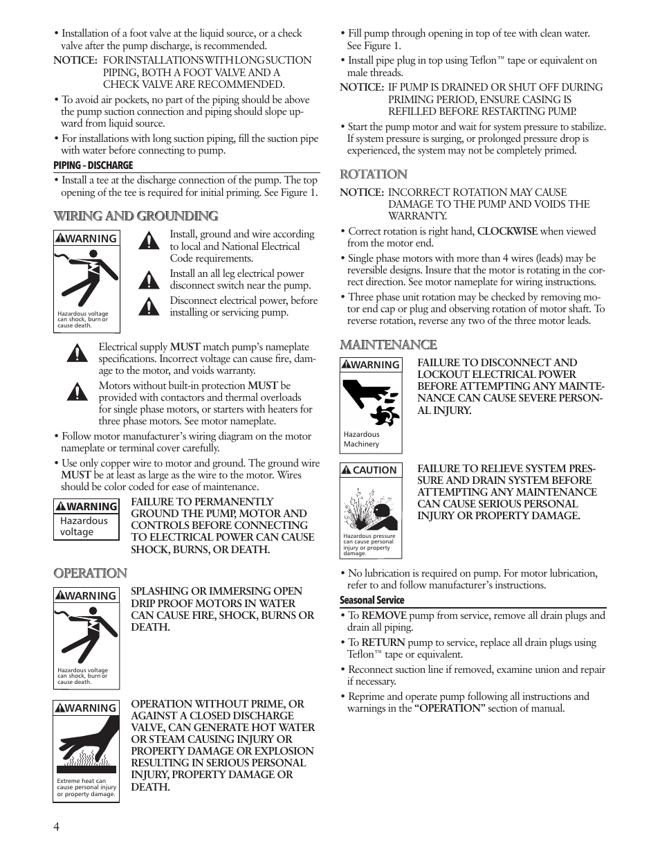 Wiring and grounding, Operation, Rotation | Maintenance | Xylem IM181 R01 Prime Line SP User Manual | Page 4 / 24