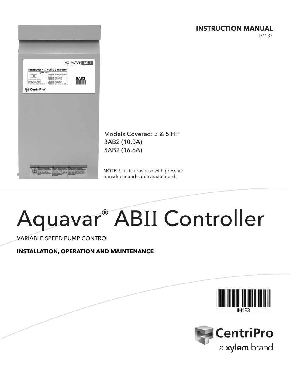 Xylem IM183 R09 3AB2 & 5AB2 Aquavar ABII Variable Speed Pump Controller User Manual | 46 pages