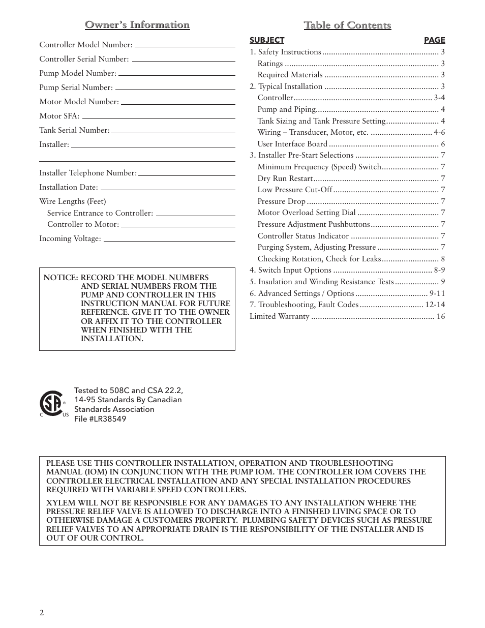 Xylem IM183 R09 3AB2 & 5AB2 Aquavar ABII Variable Speed Pump Controller User Manual | Page 2 / 46
