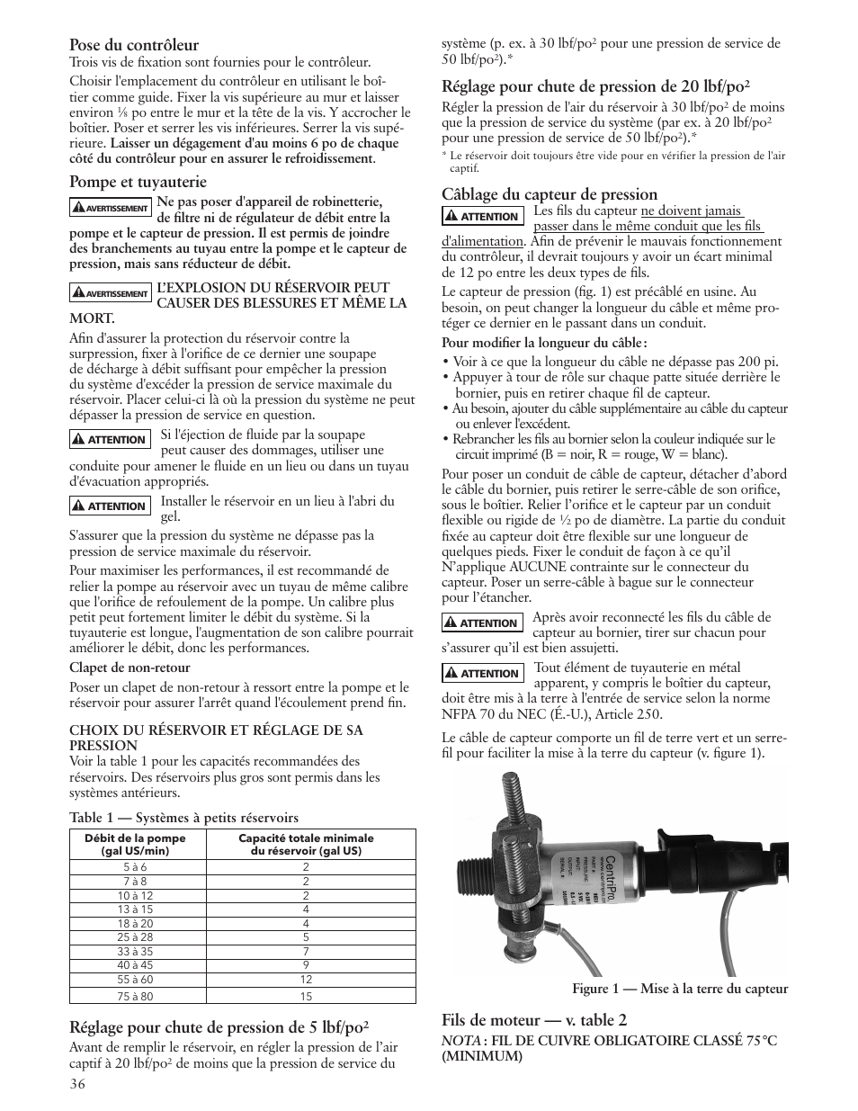 Pose du contrôleur, Pompe et tuyauterie, Réglage pour chute de pression de 5 lbf/po | Réglage pour chute de pression de 20 lbf/po, Câblage du capteur de pression, Fils de moteur — v. table 2 | Xylem IM183 R09 3AB2 & 5AB2 Aquavar ABII Variable Speed Pump Controller User Manual | Page 36 / 46