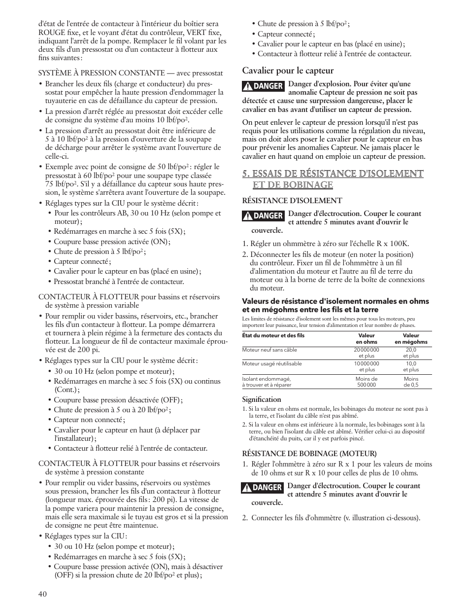 Cavalier pour le capteur, Essais de résistance d'isolement et de bobinage | Xylem IM183 R09 3AB2 & 5AB2 Aquavar ABII Variable Speed Pump Controller User Manual | Page 40 / 46