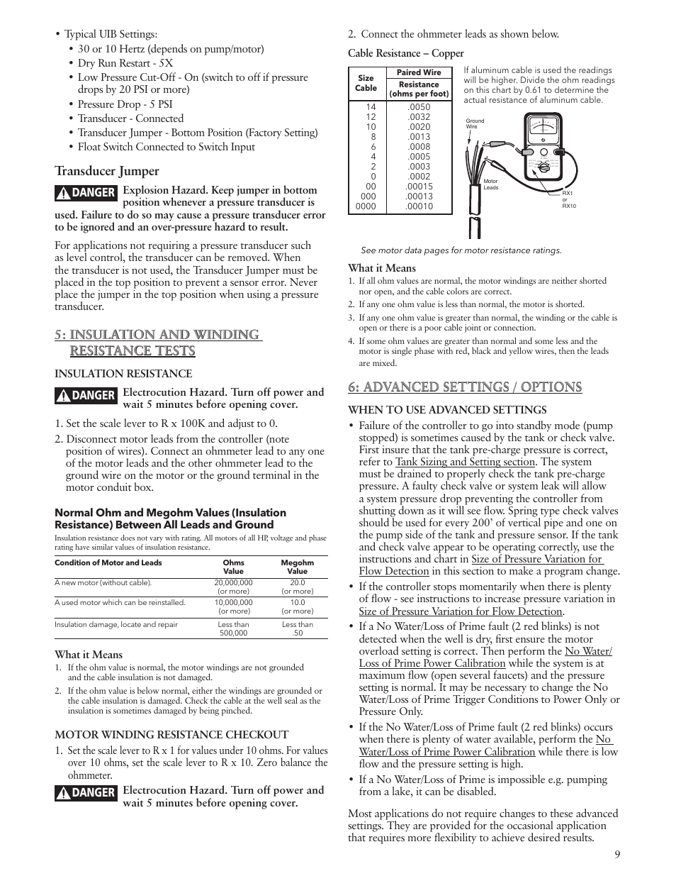 Transducer jumper, Insulation and winding resistance tests, Advanced settings / options | Danger | Xylem IM183 R09 3AB2 & 5AB2 Aquavar ABII Variable Speed Pump Controller User Manual | Page 9 / 46