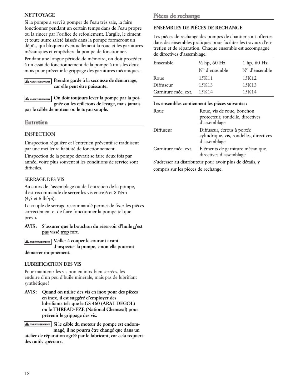 Entretien, Pièces de rechange | Xylem IM184 R05 Ditch Wizard Contractor Dewatering Pump User Manual | Page 18 / 20