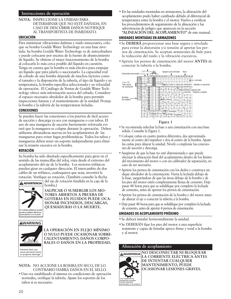 Instrucciones de operación, Alineación de acoplamiento | Xylem IM191 R03 Marlow Series Prime Line Self-Priming Centrifugal Pumps User Manual | Page 20 / 52
