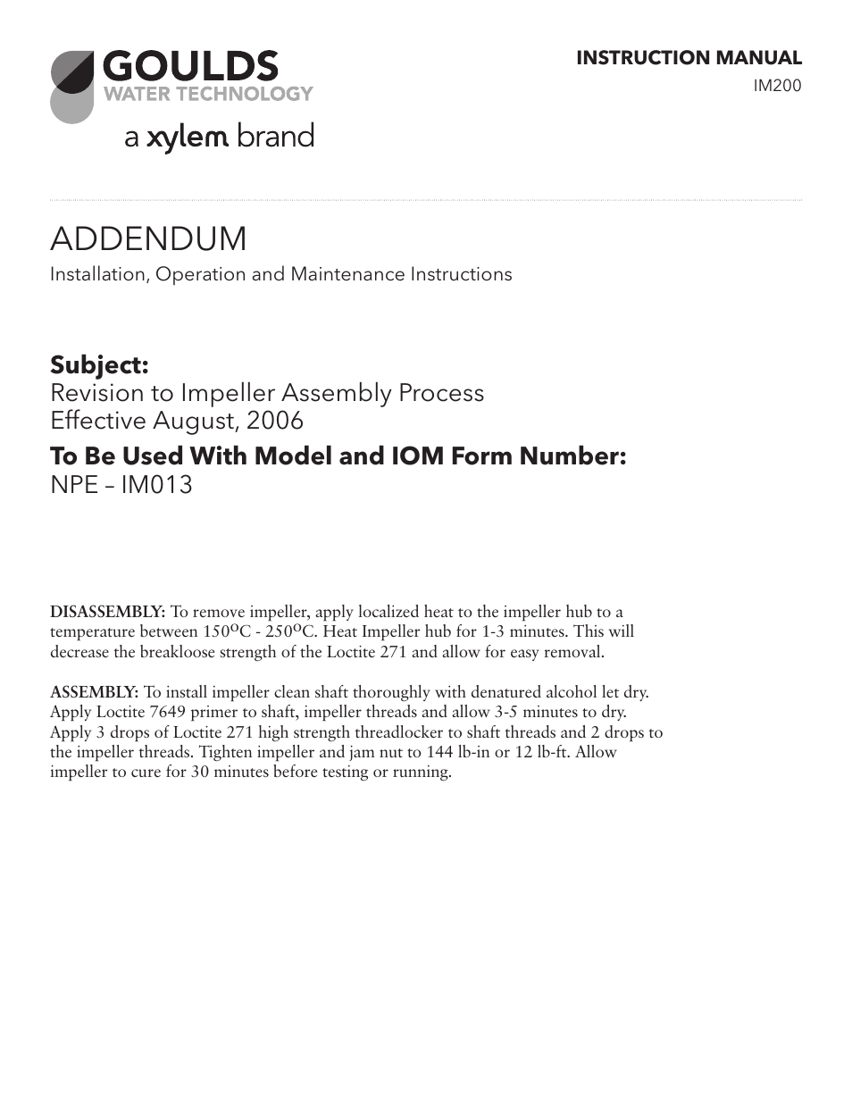 Xylem IM200 R01 ADDENDUM Revision to Impeller Assembly Process NPE – IM013 User Manual | 2 pages
