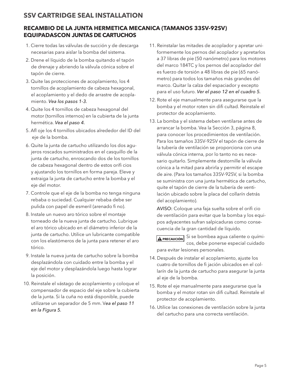 Ssv cartridge seal installation | Xylem IM203 R01 Model SSV Cartridge Seal User Manual | Page 5 / 8