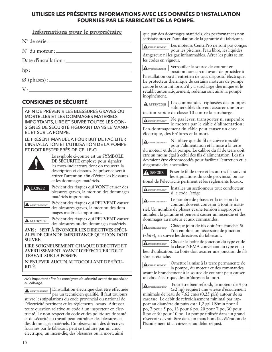Informations pour le propriétaire n, De série : n | Xylem IM204 R03 CentriPro 4 Motor User Manual | Page 10 / 12