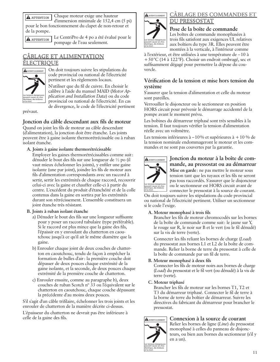 Connexion à la source de courant, Câblage des commandes et du pressostat, Câblage et alimentation électrique | Jonction du câble descendant aux fils de moteur | Xylem IM204 R03 CentriPro 4 Motor User Manual | Page 11 / 12