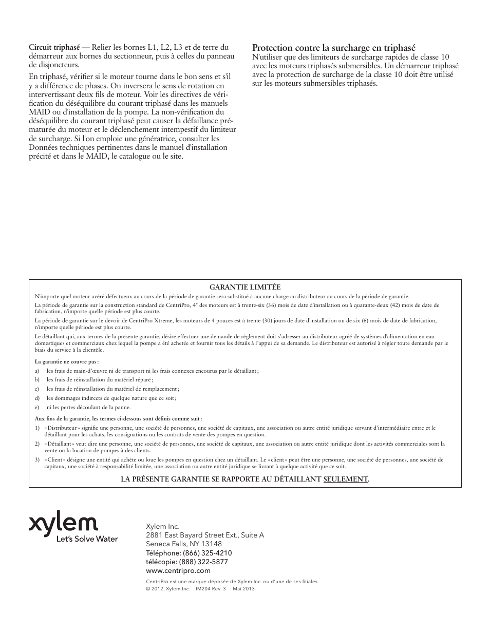 Protection contre la surcharge en triphasé | Xylem IM204 R03 CentriPro 4 Motor User Manual | Page 12 / 12