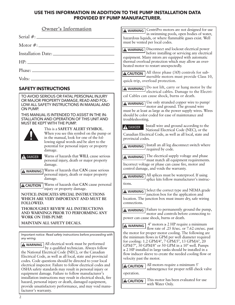 Xylem IM204 R03 CentriPro 4 Motor User Manual | Page 2 / 12
